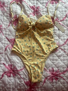 Yellow Floral One-Piece Swimsuit with Keyhole Front
